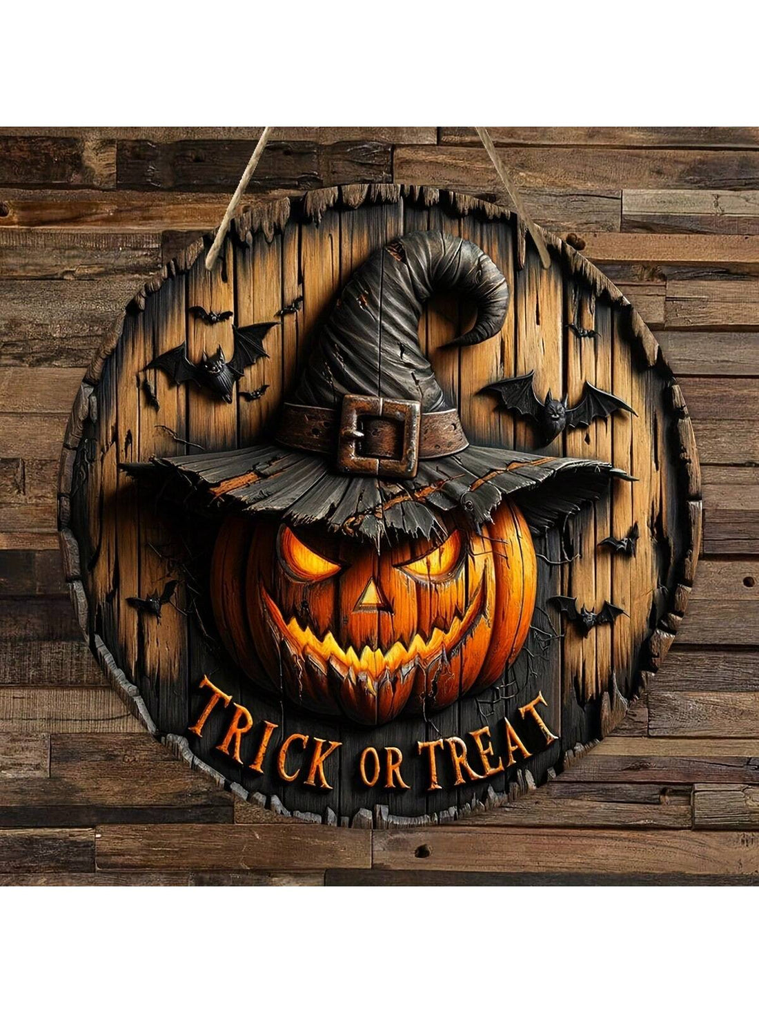 Add a touch of vintage charm to your Halloween decor with our wooden wreath sign! Featuring a carved pumpkin head and "Trick or Treat" message in English, it's perfect for any room in your home. Upgrade your spooky season style with this classic piece.