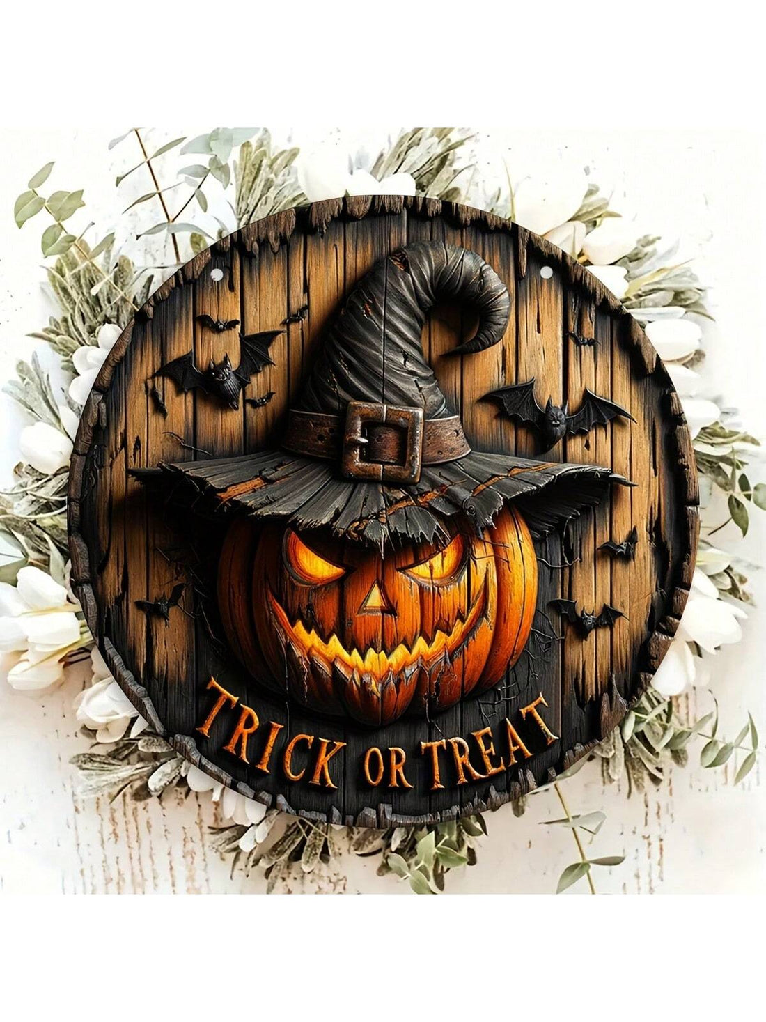 Add a touch of vintage charm to your Halloween decor with our wooden wreath sign! Featuring a carved pumpkin head and "Trick or Treat" message in English, it's perfect for any room in your home. Upgrade your spooky season style with this classic piece.