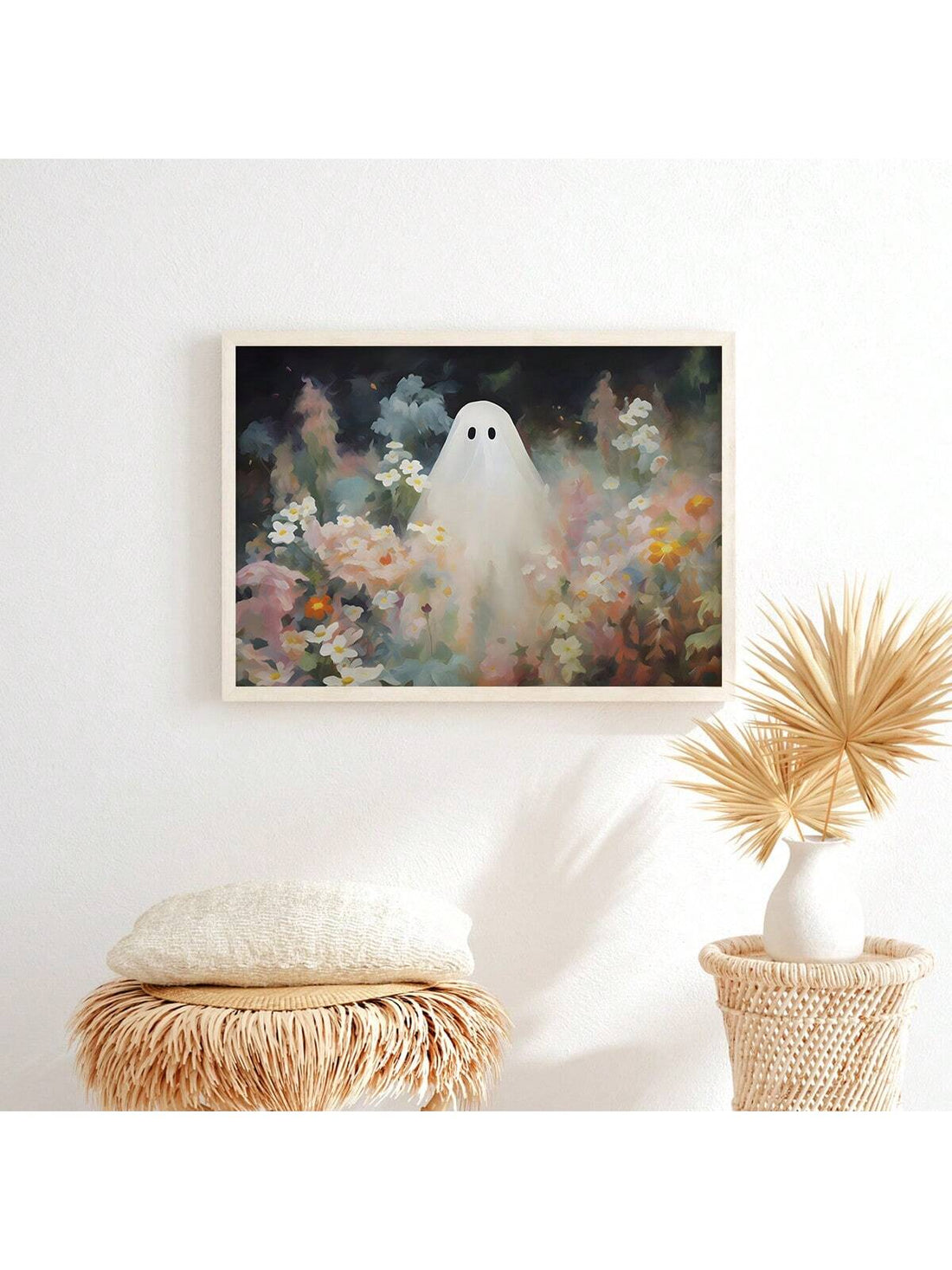 Enhance the ambiance of any space with our Cute White Ghost With Flowers Canvas Poster. Perfect for living rooms, bedrooms, offices, restaurants, and bars, this charming poster adds a touch of whimsy and style. Made with high-quality canvas, it is durable and adds a unique touch to your wall.