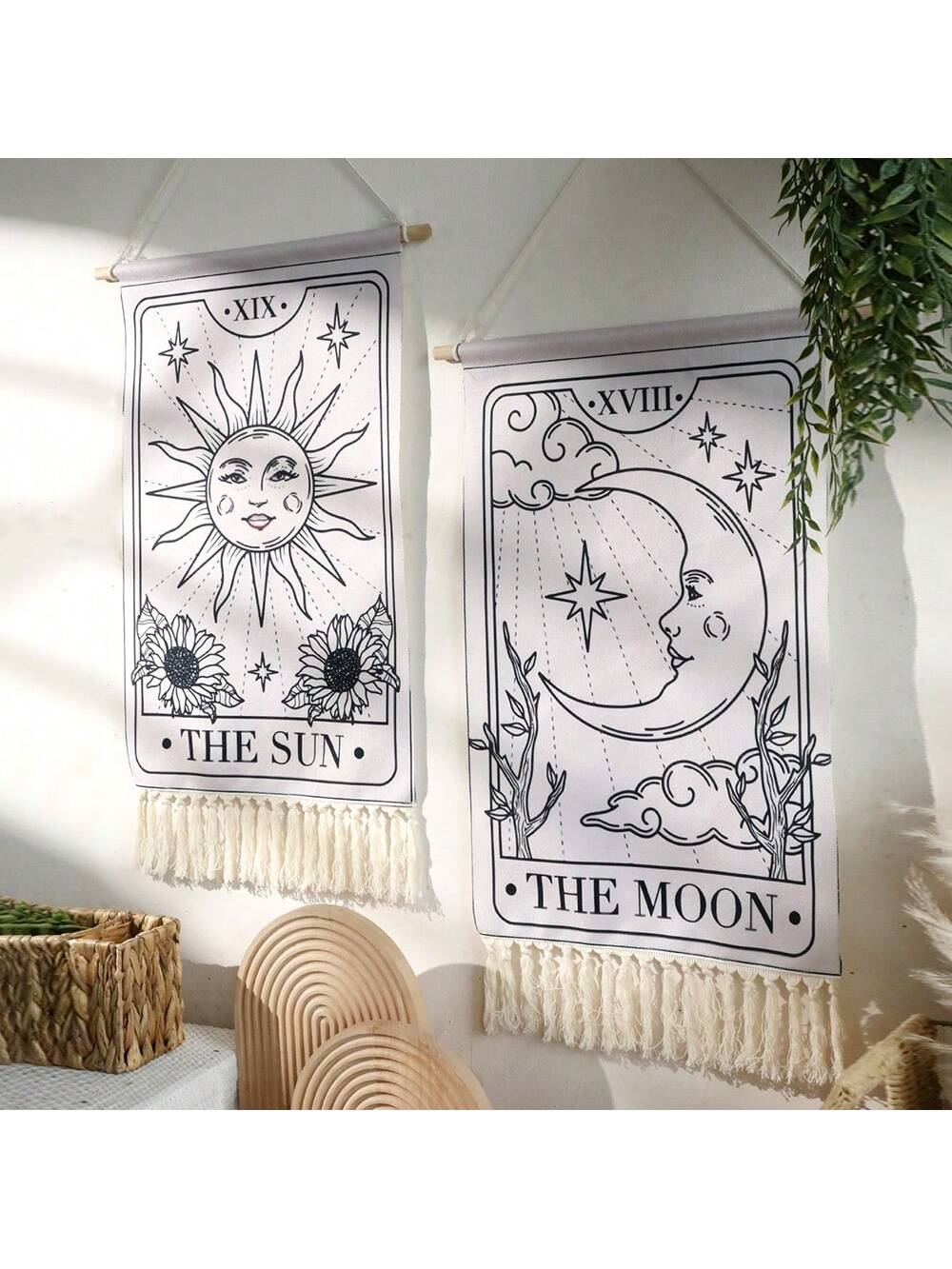 Enhance the ambiance of your room with Celestial Harmony: a beautifully hand-woven tapestry featuring the sun and moon. Crafted with intricate detail, this tapestry brings celestial energy into your living space. Add a touch of harmony to your decor with this unique and inspiring piece.