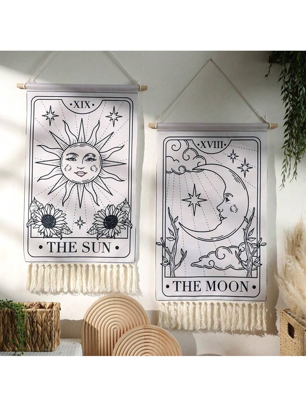 Enhance the ambiance of your room with Celestial Harmony: a beautifully hand-woven tapestry featuring the sun and moon. Crafted with intricate detail, this tapestry brings celestial energy into your living space. Add a touch of harmony to your decor with this unique and inspiring piece.