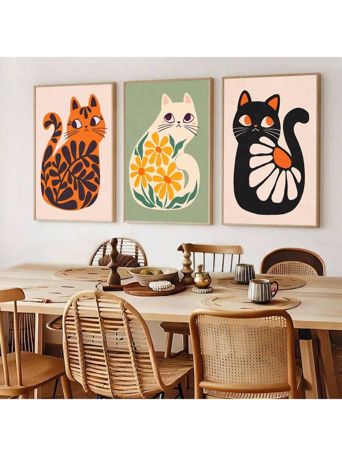 This 3-piece set of bohemian cat art prints features minimalist floral designs perfect for decorating your walls. The high-quality canvas prints add a touch of elegance and style to any room. Create a unique and sophisticated atmosphere with these charming art pieces.