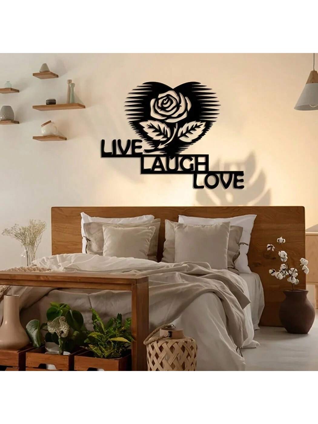 Add a touch of elegance to any room with the Blooming Beauty: Flower Live Laugh Love Metal Wall Art. This stunning piece of home decor features a delicate flower design with the inspiring words "Live, Laugh, Love" written in elegant script. Perfect for a housewarming gift, this metal wall art will bring beauty and positivity to any space.