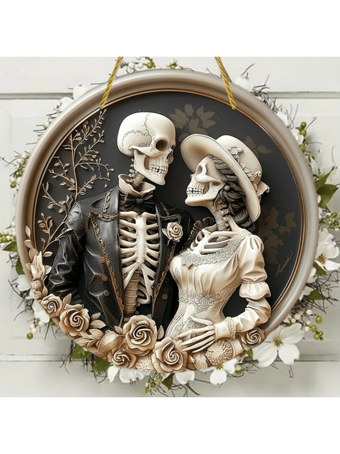 Add a touch of spooky chic to any room with this Vintage Skull Couple Wooden Sign. Handcrafted with intricate details, this sign brings a unique vintage charm to your home decor. Perfect for Halloween or year-round as a statement piece.