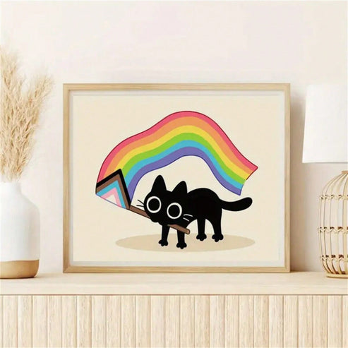 Rainbow Pride cat canvas art for playful colorful home decor