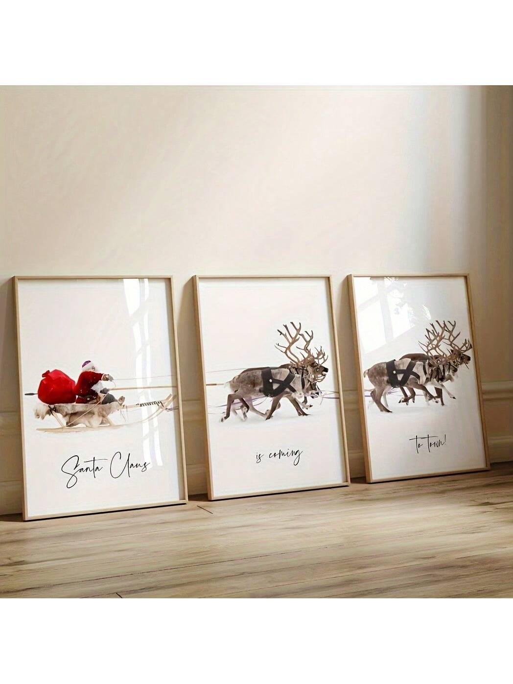 Add a festive touch to your holiday decor with our 3-piece frameless canvas poster set featuring the classic phrase "Santa Claus is Coming to Town." Made with high-quality materials, these posters will make a timeless addition to your decorations. Bring the holiday spirit into your home with these beautiful pieces.