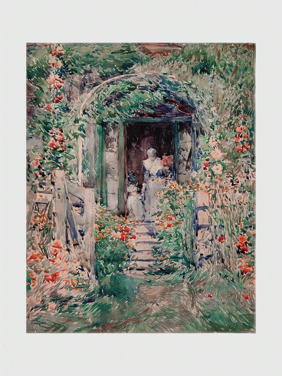 Fairycore linen tapestry with cottage garden doorway flowers and seated figure