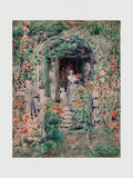 Fairycore linen tapestry with cottage garden doorway flowers and seated figure