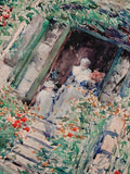 Painterly garden wall hanging with greenery red flowers steps and arched foliage
