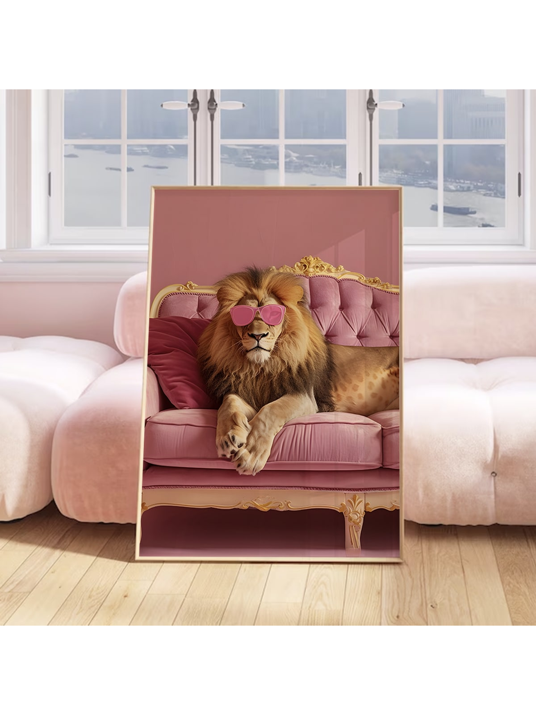 Add a touch of trendy and aesthetic style to your room with this waterproof canvas wall art poster featuring a lion wearing sunglasses. Made with high-quality materials, this poster is sure to enhance your decor and impress your guests. Perfect for any animal or art lover's room.