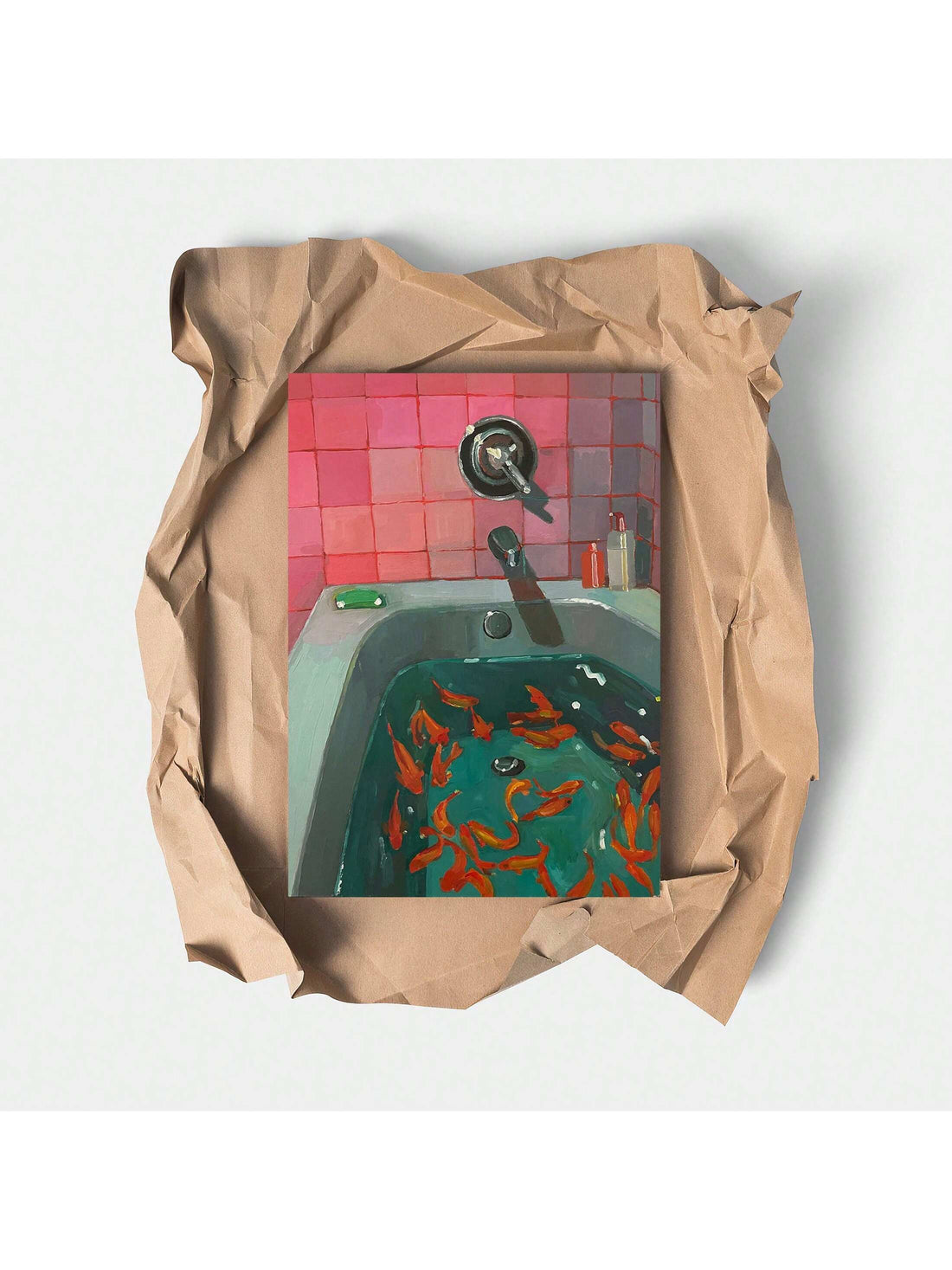 Add a dash of charm to your modern bathroom decor with this quirky Charming Pink Plaid Goldfish Canvas Print. The playful design is perfect for livening up any space, while the high-quality canvas ensures long-lasting beauty. Upgrade your walls with this unique and stylish piece of wall art.