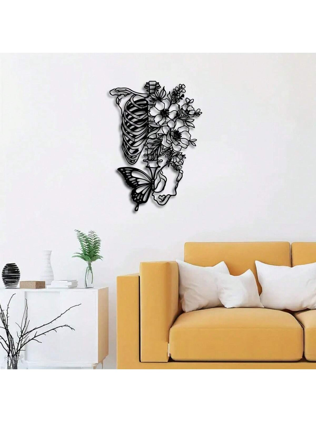 This Skull Metal Wall Art features a unique Lover Decoration showcasing a stunning Flower, Butterfly, and Line Art Design. Crafted with high-quality metal, this piece adds a touch of edgy elegance to any space. Perfect for lovers of all things bold and romantic, this wall art is a must-have for any home decor.