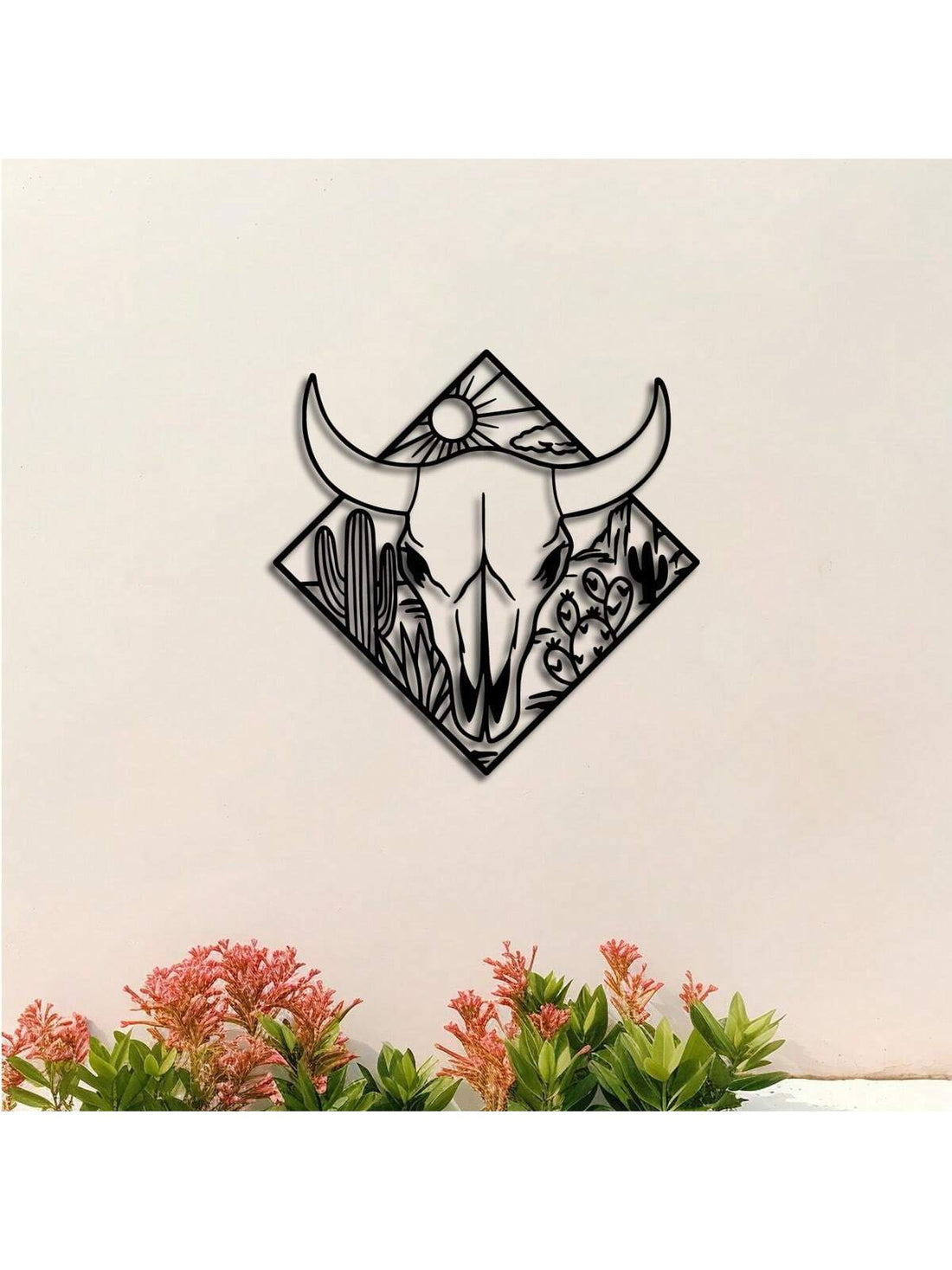 Elevate your home decor with our Desert Bull Skull Metal Wall Decor. Inspired by the Bohemian style, this piece features authentic steer horns and adds a touch of Southwest charm to any space, both indoors and outdoors. Made from durable metal, our wall decor is the perfect addition to your modern, rustic, or eclectic home.