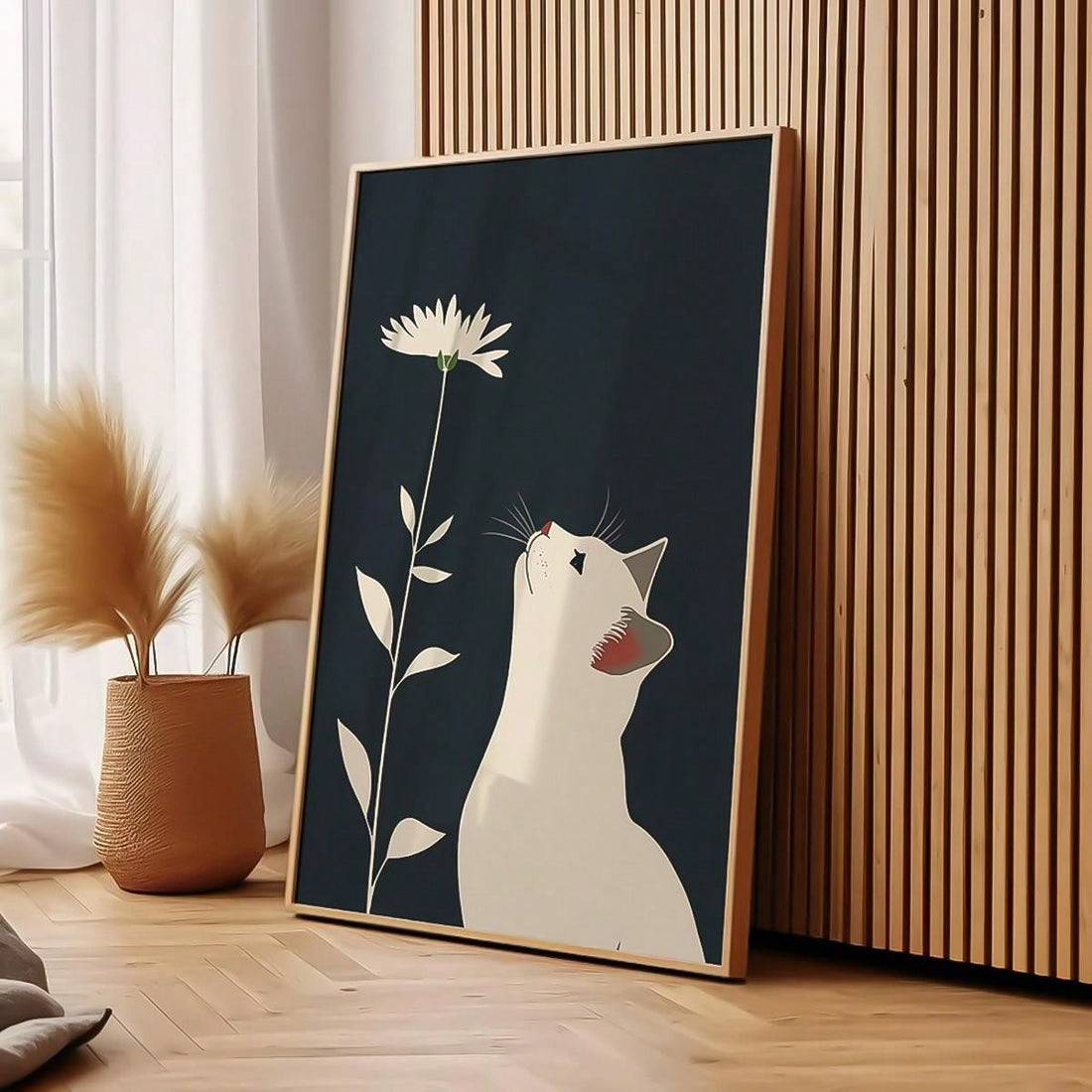 Whimsical Cat & Floral Art Print - Minimalist Japanese Style Decor for Your Space