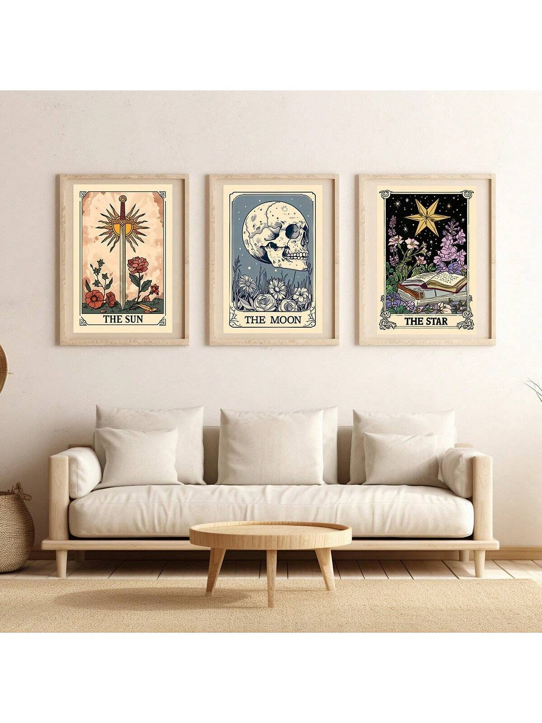 Enhance your space with our Mystical Celestial Wall Art Trio featuring The Sun, The Moon, and The Star Tarot Card Prints. Experience the mystical energy of these powerful symbols and bring luck, balance, and guidance to your surroundings. High-quality prints on durable paper ensure long-lasting beauty and inspiration.