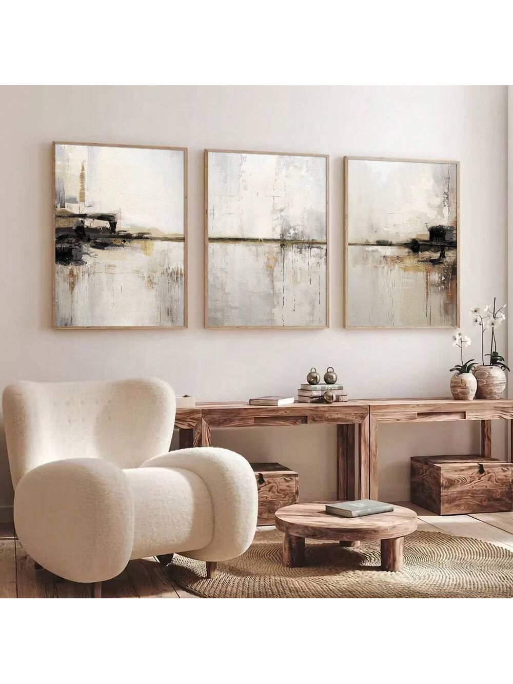 Elevate your living space with this set of three black and beige abstract canvas artworks, designed to complement modern Scandinavian interiors. Featuring minimalist forms and neutral tones, these pieces bring a sophisticated balance of contrast and harmony to any room. Crafted for easy installation, they provide a refined visual appeal that enhances the simplicity and elegance of contemporary décor.