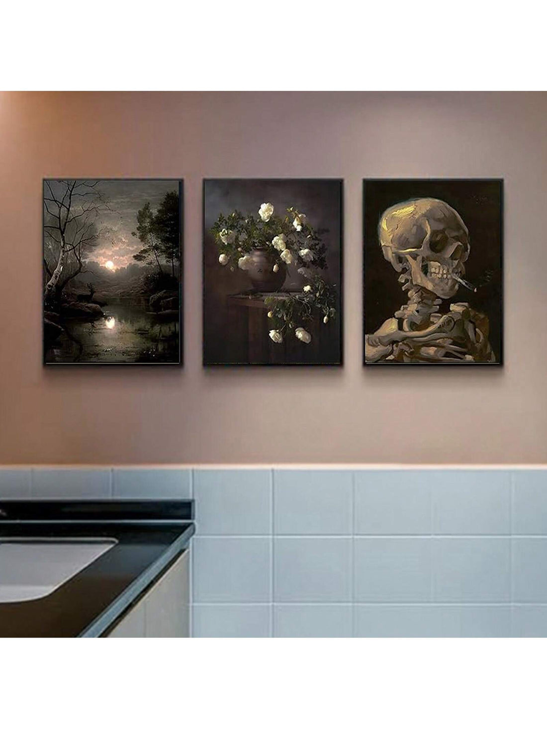 Dark Academy Gothic Retro Wall Art Set - Aesthetic Skull Canvas Posters for Halloween Decor, No Frame