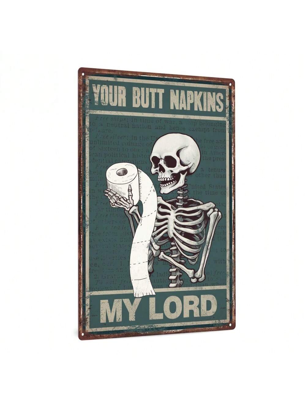 Add a touch of vintage charm to your home bathroom decor with the Butt Napkins My Lord: Vintage Skeleton Metal Tin Sign. Made of durable metal, this sign features a skeleton design and humorous phrase. Perfect for adding a unique and playful touch to your bathroom.