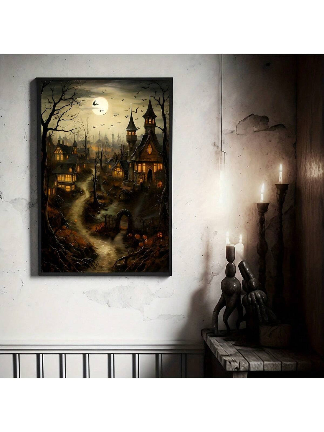 This Gothic Halloween painting on canvas is perfect for those who appreciate a touch of dark academia in their cottage decor. With its vintage design and spooky countryside setting, it adds a unique and eerie atmosphere to any room. Enhance your home with this one-of-a-kind artwork.