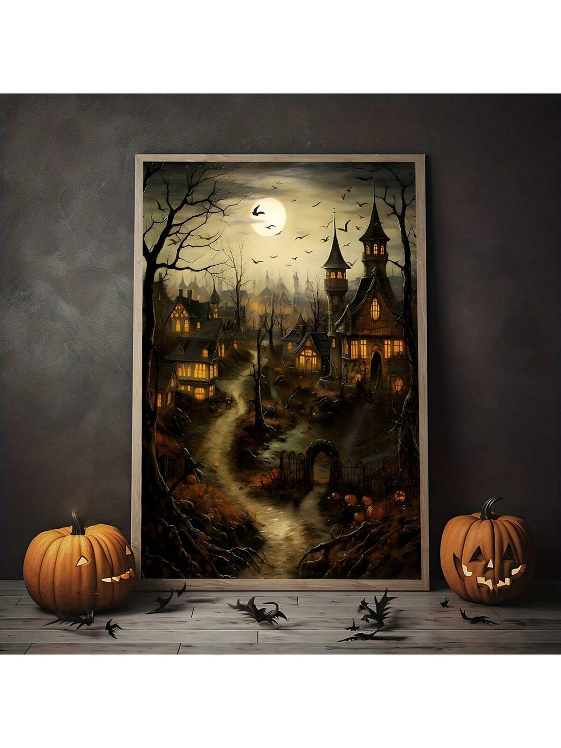 This Gothic Halloween painting on canvas is perfect for those who appreciate a touch of dark academia in their cottage decor. With its vintage design and spooky countryside setting, it adds a unique and eerie atmosphere to any room. Enhance your home with this one-of-a-kind artwork.