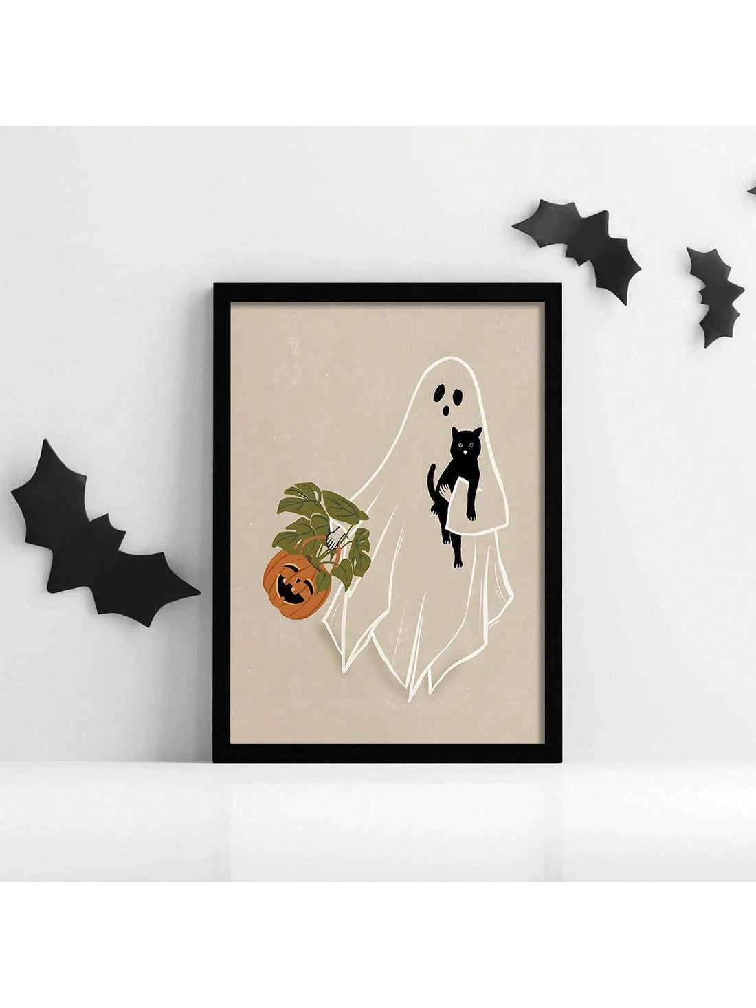 Add a festive touch to your home with our Halloween Ghost With Pumpkin and Cat Print Canvas. Perfect for bedrooms, living rooms, and hallways, this canvas brings a spooky yet charming atmosphere. With no frame needed, it's easy to hang and adds a unique touch to any space.