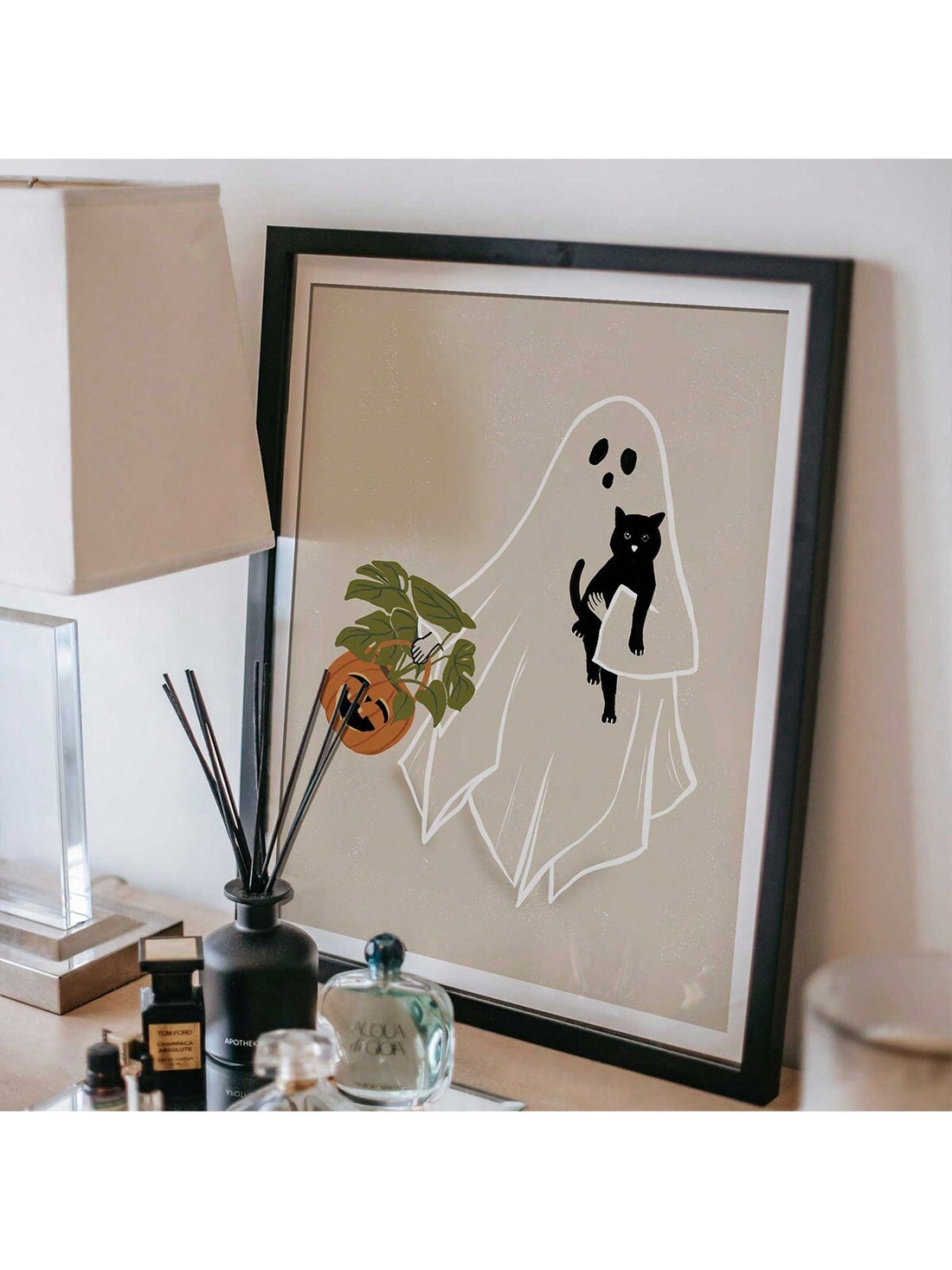 Add a festive touch to your home with our Halloween Ghost With Pumpkin and Cat Print Canvas. Perfect for bedrooms, living rooms, and hallways, this canvas brings a spooky yet charming atmosphere. With no frame needed, it's easy to hang and adds a unique touch to any space.