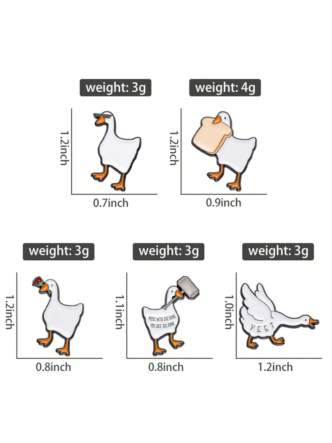 Introducing the QIHOO 5-Pack Goose Game Enamel Pins, a must-have customizable brooch set for fans of the viral 'Honk You Get the Bonk' game. Made with durable enamel, these pins are perfect as a gift or for adding some fun to your outfits. Embrace your love for the game with this one-of-a-kind set.