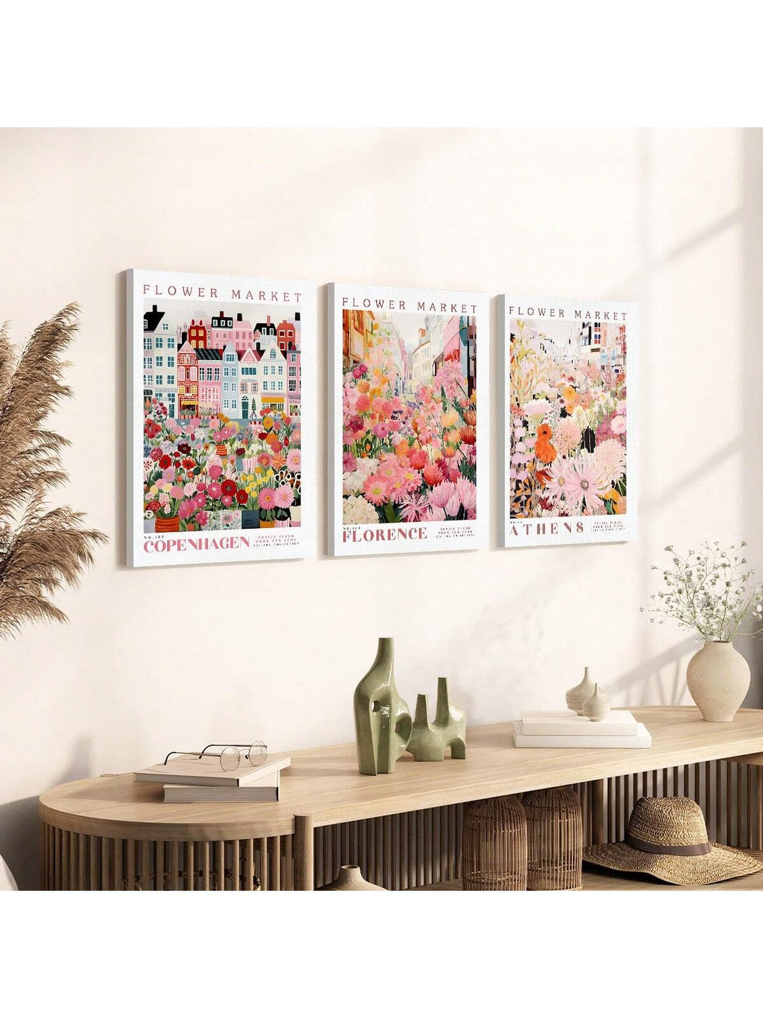Transform your space with this elegant three-piece botanical poster collection, featuring vibrant flower market imagery that brings natural beauty indoors. 