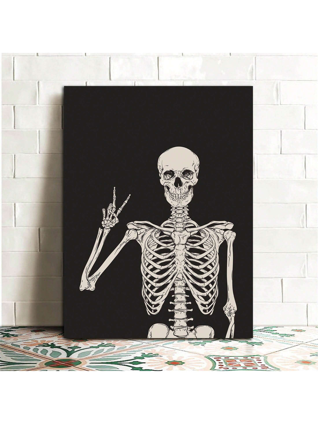 This spooky skeleton print Halloween wall art is the perfect addition to your creepy decor. Made with high-quality materials, it is sure to add a touch of eerie ambiance to any room. Embracing the holiday spirit, this print is an affordable and easy way to spook up your home.