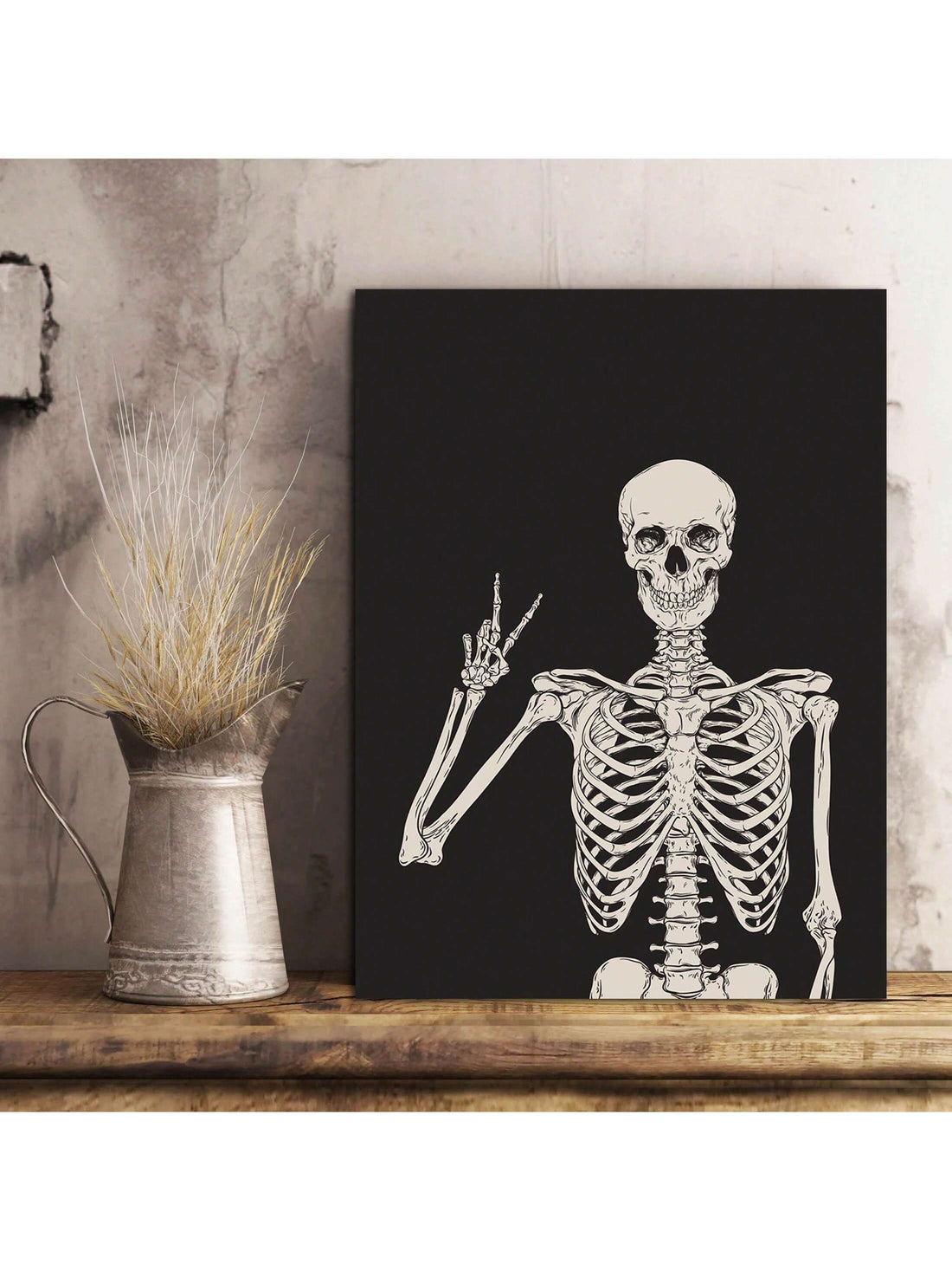 This spooky skeleton print Halloween wall art is the perfect addition to your creepy decor. Made with high-quality materials, it is sure to add a touch of eerie ambiance to any room. Embracing the holiday spirit, this print is an affordable and easy way to spook up your home.