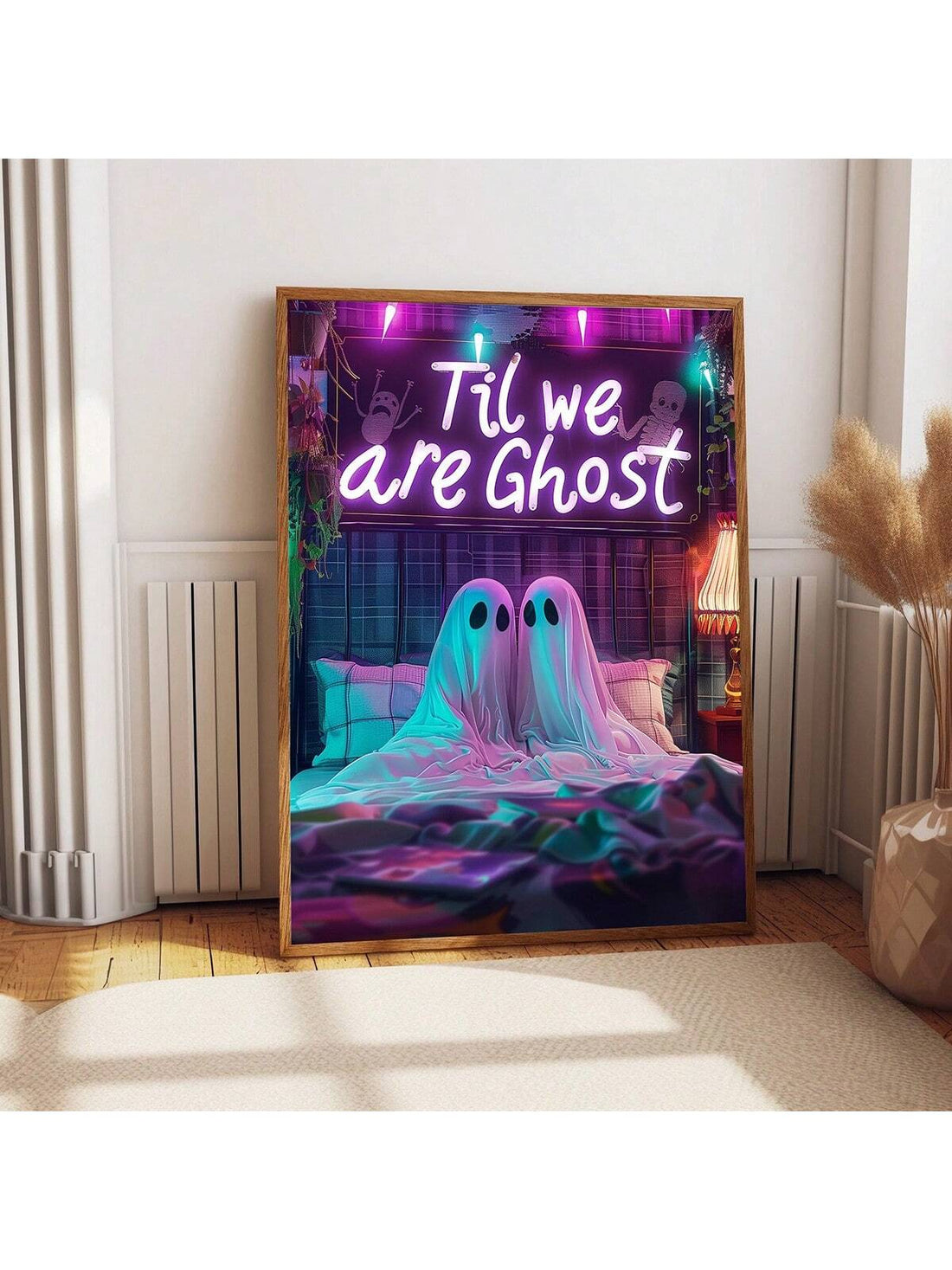 Elevate the mood in your gothic bedroom with our Romantic Neon Ghost Couple Wall Decor. These unique pieces add a touch of romance and intrigue with a subtle neon glow. Made with quality materials, they are the perfect addition to your gothic aesthetic.