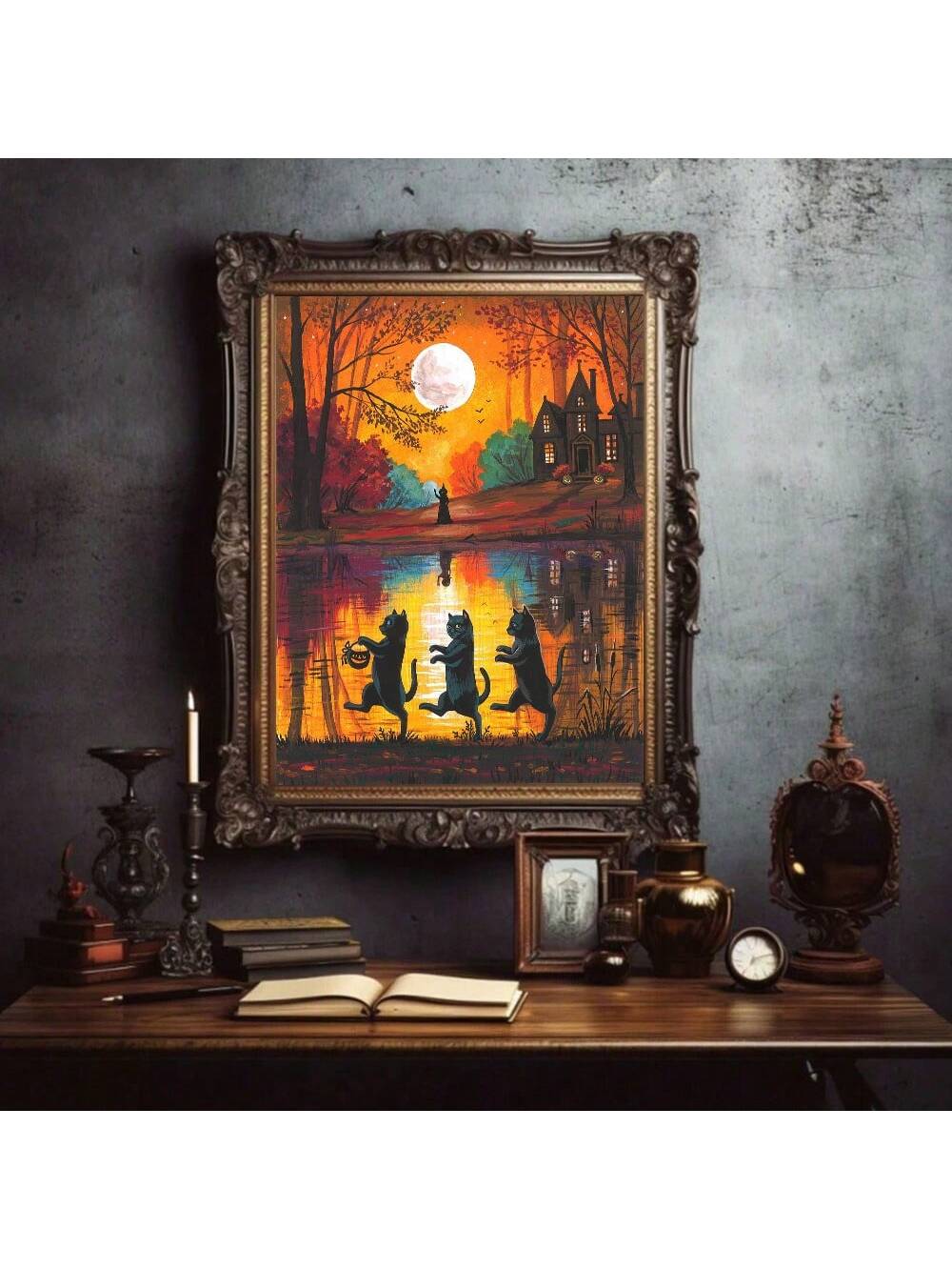 Add a touch of spooky charm to your home decor with this vintage black cat Halloween poster. Featuring a timeless design and no frame, it's perfect for those looking to create a hauntingly beautiful atmosphere. Bring the Halloween spirit to your home with this poster.