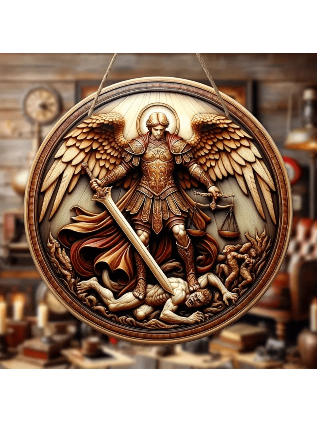 Add a touch of divine grace to your home with our St. Michael Angel Wooden Wall Hanging. This beautifully crafted piece features intricate carvings and a blessing symbol, making it a perfect welcome sign for your front porch or a charming piece of outdoor decor. Made with high-quality wood, it is sure to bring blessings and warmth to any space.