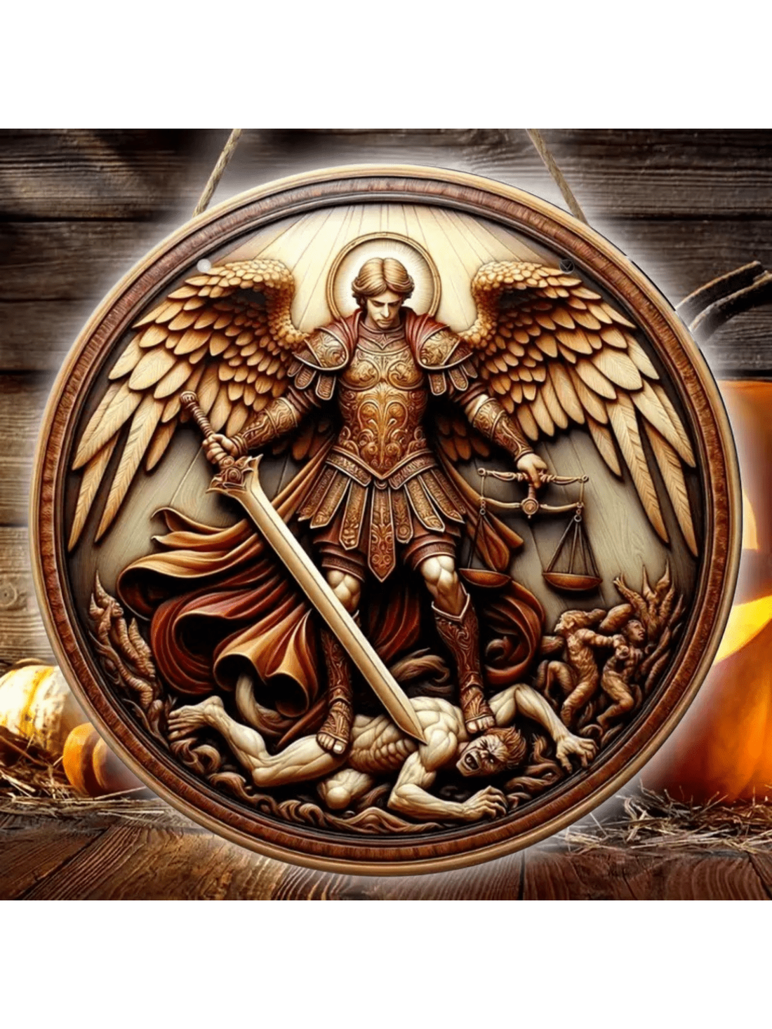 Add a touch of divine grace to your home with our St. Michael Angel Wooden Wall Hanging. This beautifully crafted piece features intricate carvings and a blessing symbol, making it a perfect welcome sign for your front porch or a charming piece of outdoor decor. Made with high-quality wood, it is sure to bring blessings and warmth to any space.