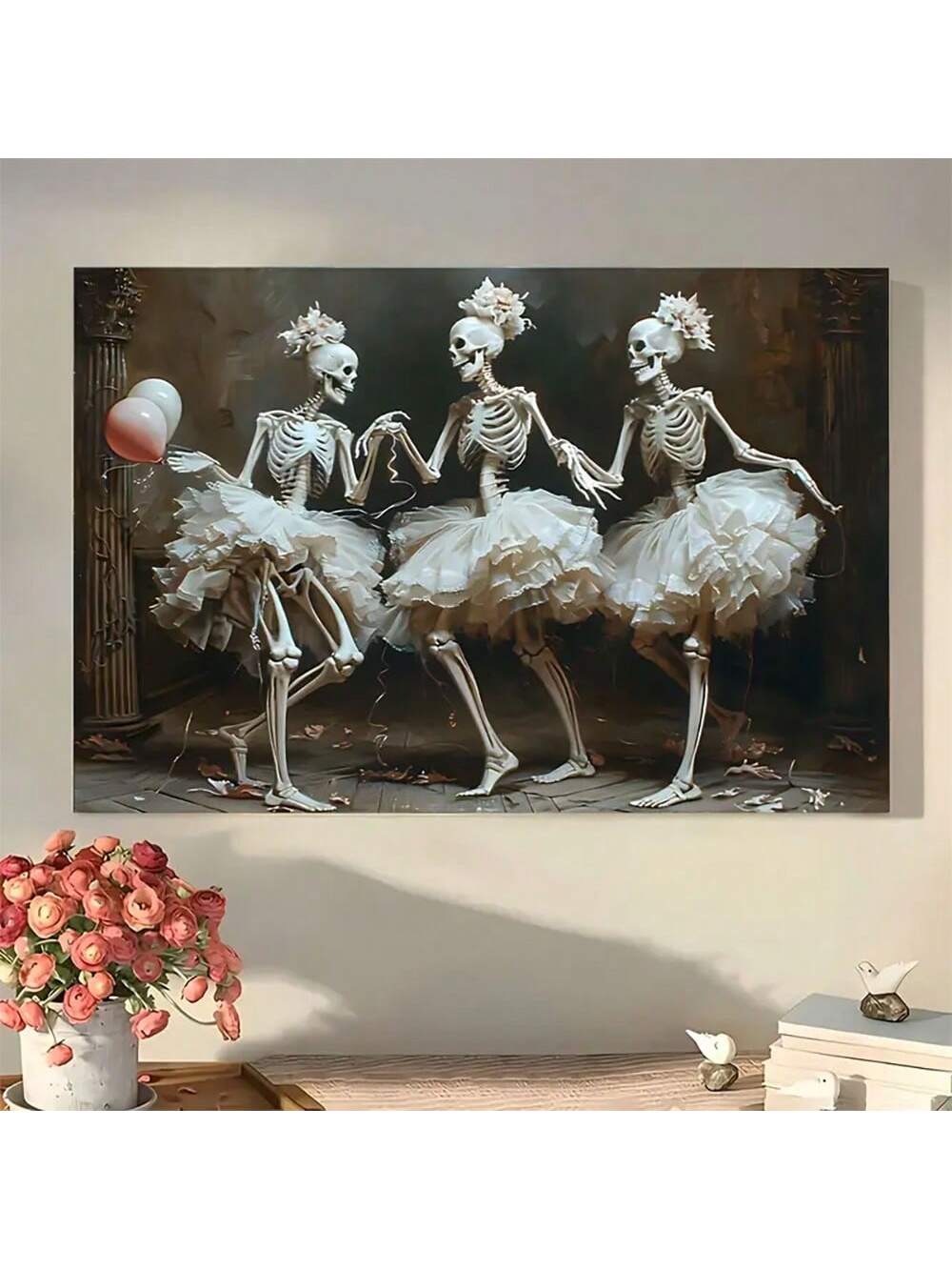 Add a touch of spooky elegance to your Halloween party room with this Vintage Skeleton Lady Dancing Wall Art. Featuring a beautiful skeletal figure dancing, this piece will elevate your decor and create a unique and haunting atmosphere. Don't miss out on this perfect addition to your Halloween festivities.