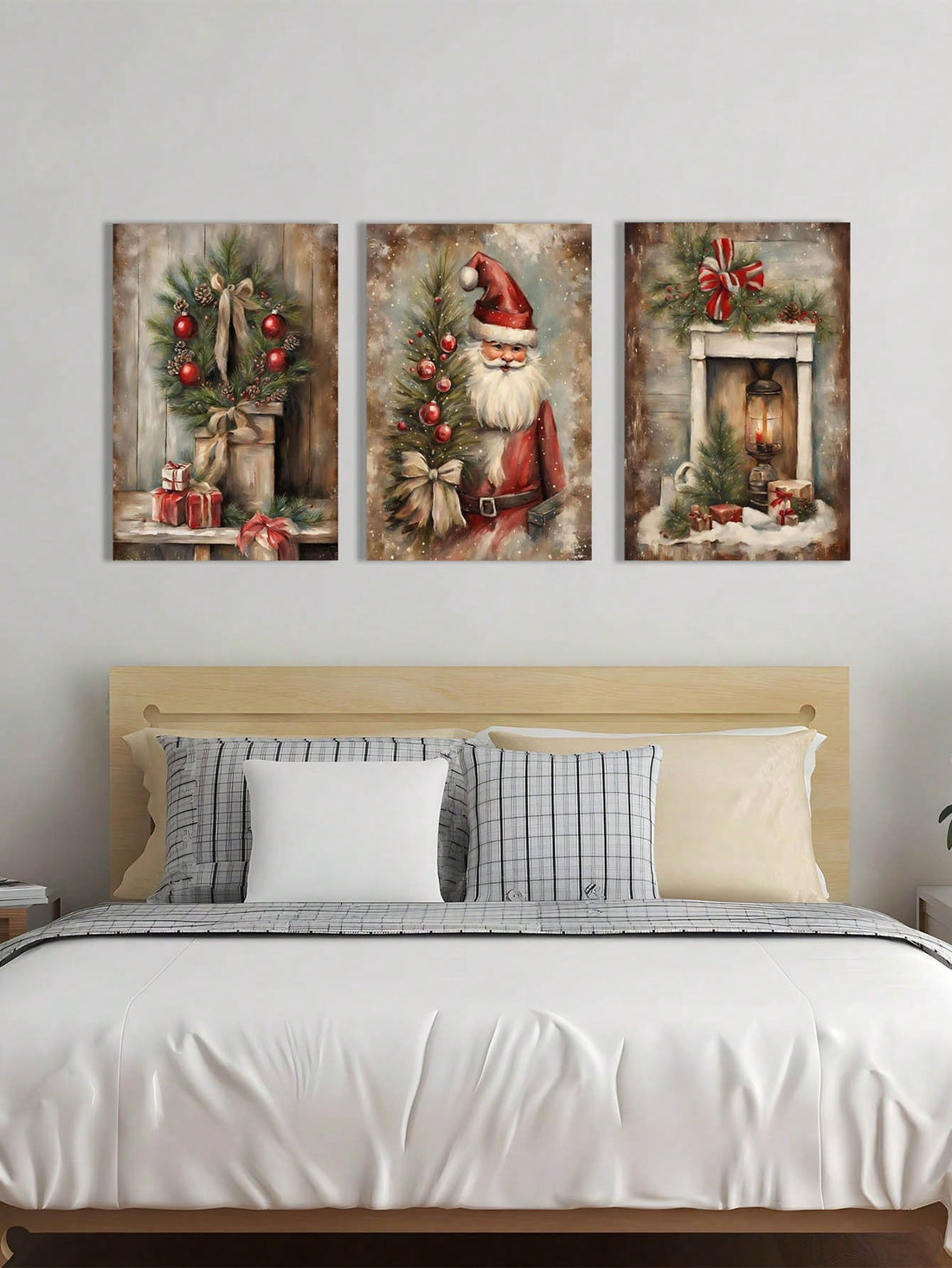 This trio of Santa Claus canvas wall art pieces will bring festive holiday cheer to any home or office. Made of high-quality materials, these pieces feature vivid colors and detailed designs. Perfect for adding a touch of Christmas spirit to your decor.