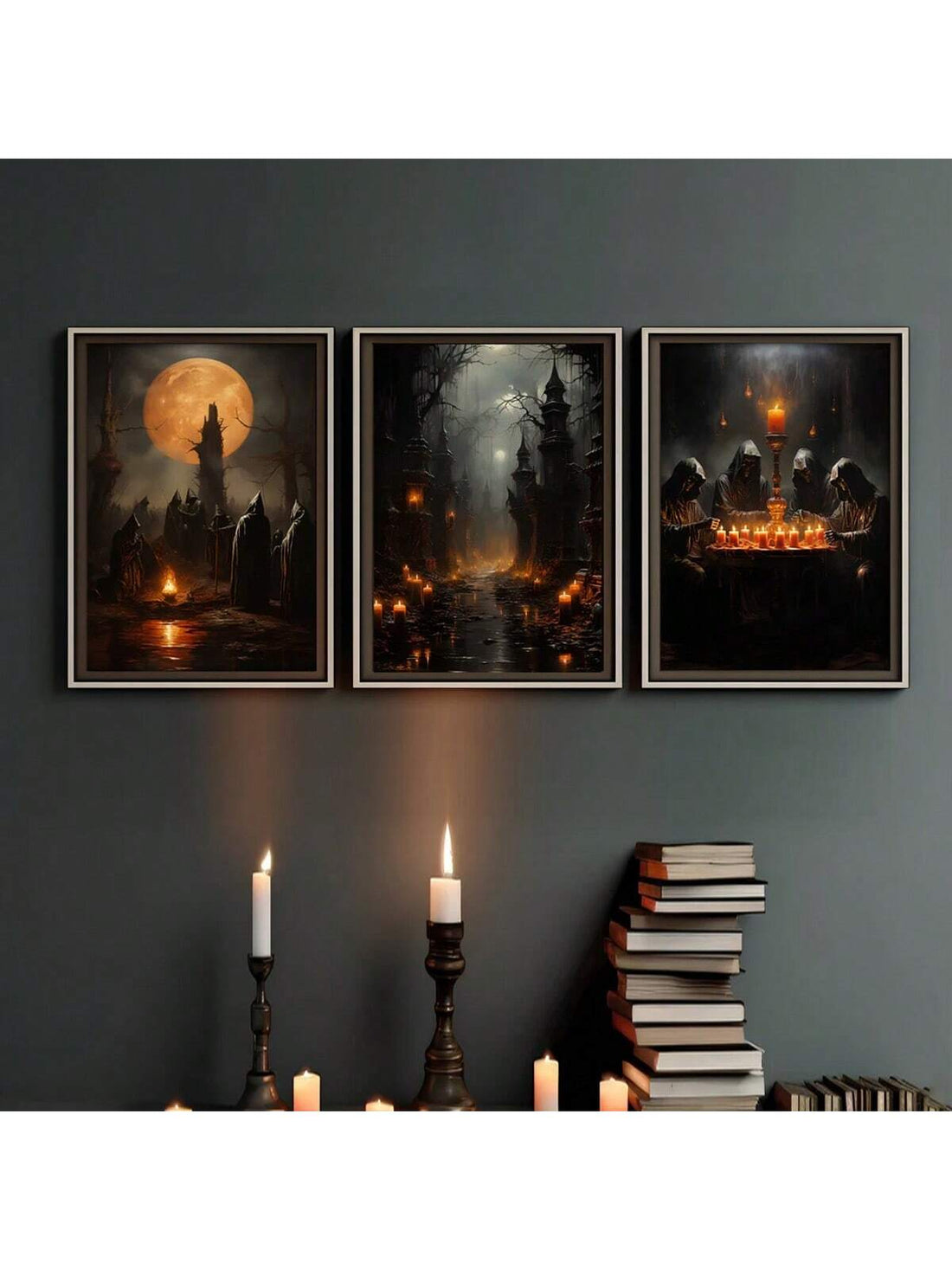 This 3-piece Gothic Halloween wall art set features the Dark Seance Moon, adding a dark and eerie vibe to your home. With its intricate designs and high-quality printing, it's perfect for horror lovers and Halloween enthusiasts. Elevate your decor with this atmospheric and unique piece.