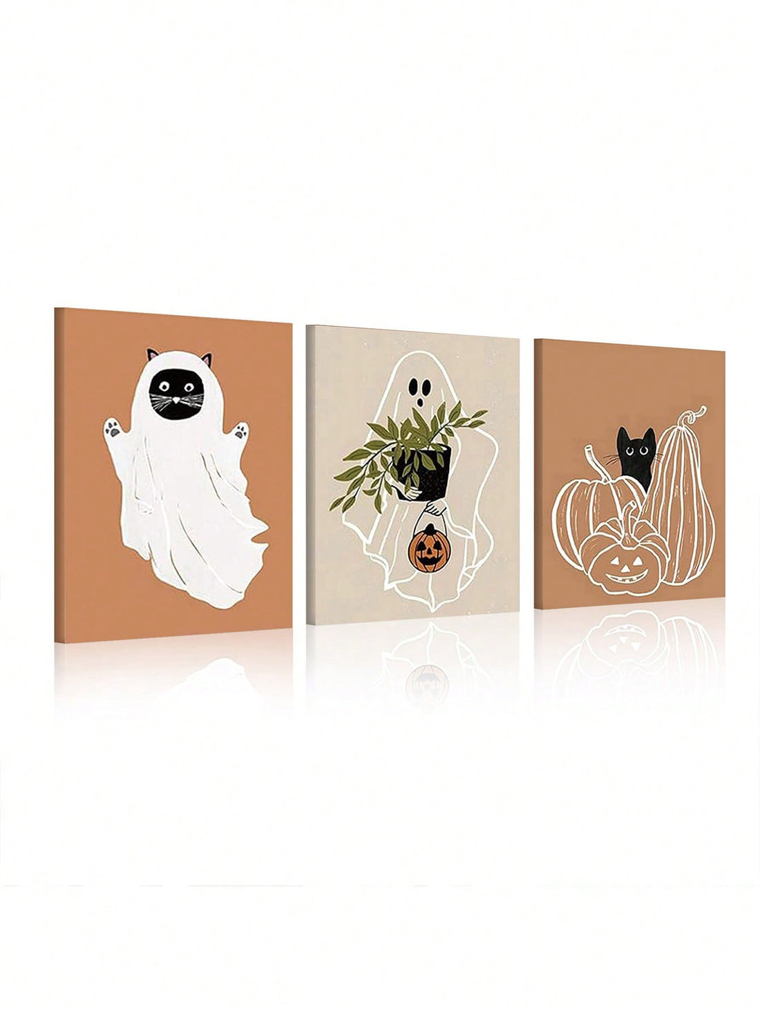 Elevate your Halloween decor with our Boho Wall Art Trio, featuring stylish prints of a ghost, black cat, and pumpkin. Made with high-quality materials, these prints will add a touch of spookiness to any space. Perfect for those who appreciate a modern take on traditional Halloween themes.