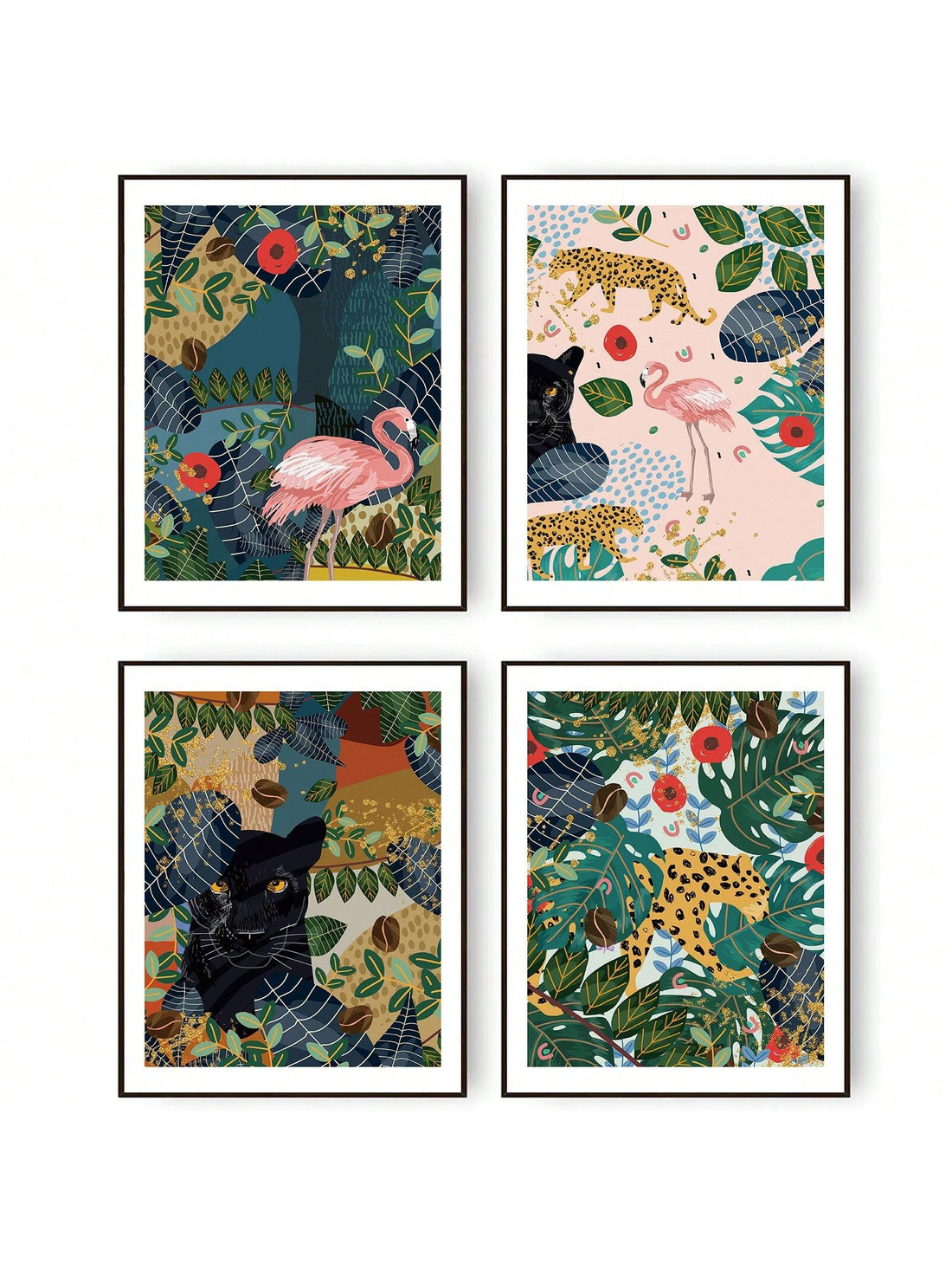 Transform your space with our vibrant Wild Jungle Safari Wall Poster Set. Featuring stunning prints of flamingos, leopards, tigers, panthers, and palm leaves &amp; flowers, this set will bring the beauty and allure of the wild into any room. Let these exquisite pieces transport you to the heart of the jungle.