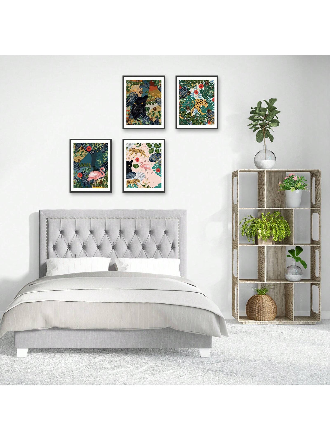 Transform your space with our vibrant Wild Jungle Safari Wall Poster Set. Featuring stunning prints of flamingos, leopards, tigers, panthers, and palm leaves &amp; flowers, this set will bring the beauty and allure of the wild into any room. Let these exquisite pieces transport you to the heart of the jungle.