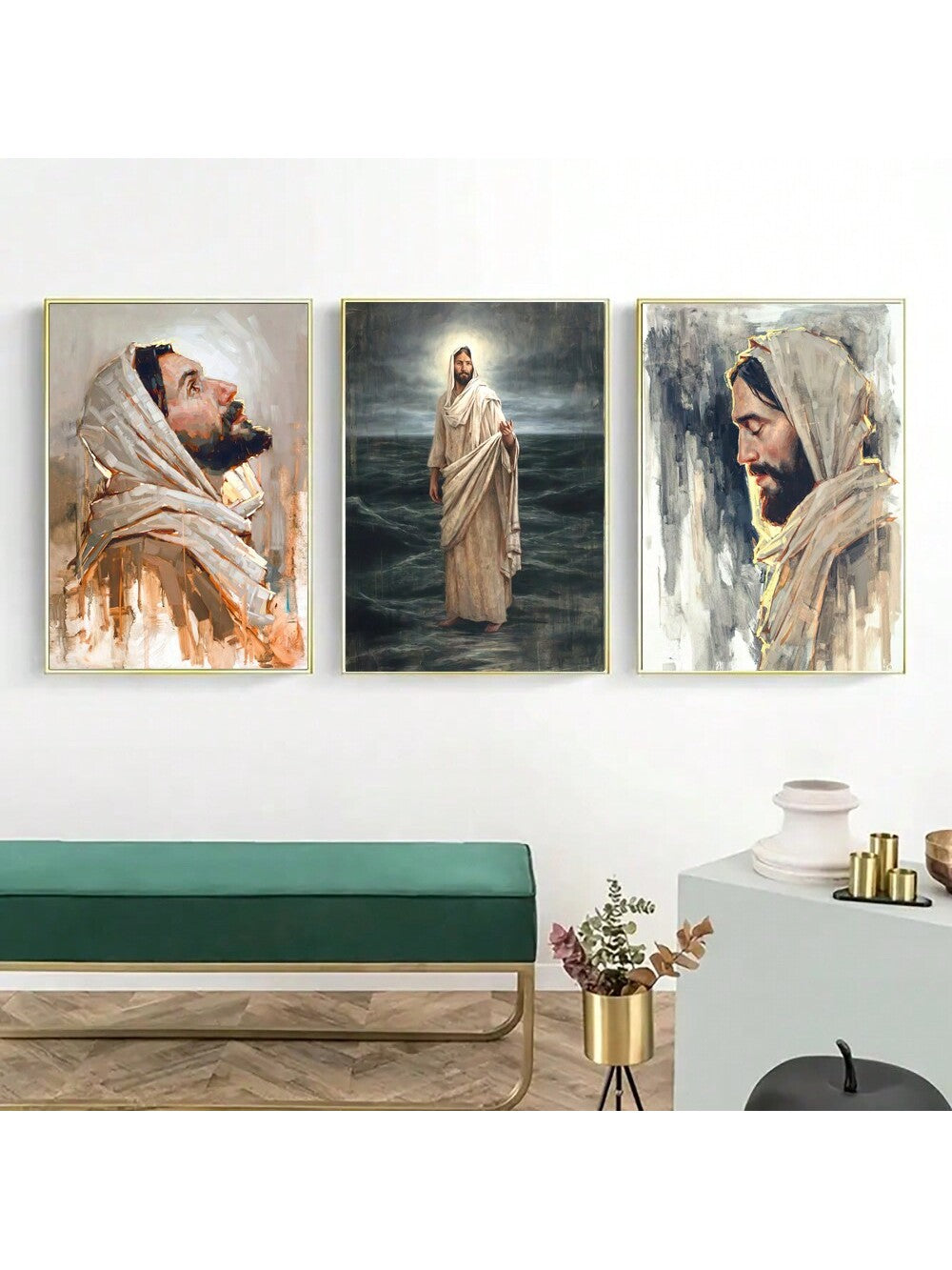 Enhance your home or office with the vintage charm of our Christ Jesus Prayer Oil Painting Trio. Each piece is a unique and exquisite work of art, adding a touch of beauty and inspiration to your space. Create a peaceful atmosphere with this timeless and meaningful wall decor.