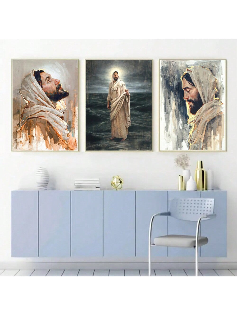 Enhance your home or office with the vintage charm of our Christ Jesus Prayer Oil Painting Trio. Each piece is a unique and exquisite work of art, adding a touch of beauty and inspiration to your space. Create a peaceful atmosphere with this timeless and meaningful wall decor.