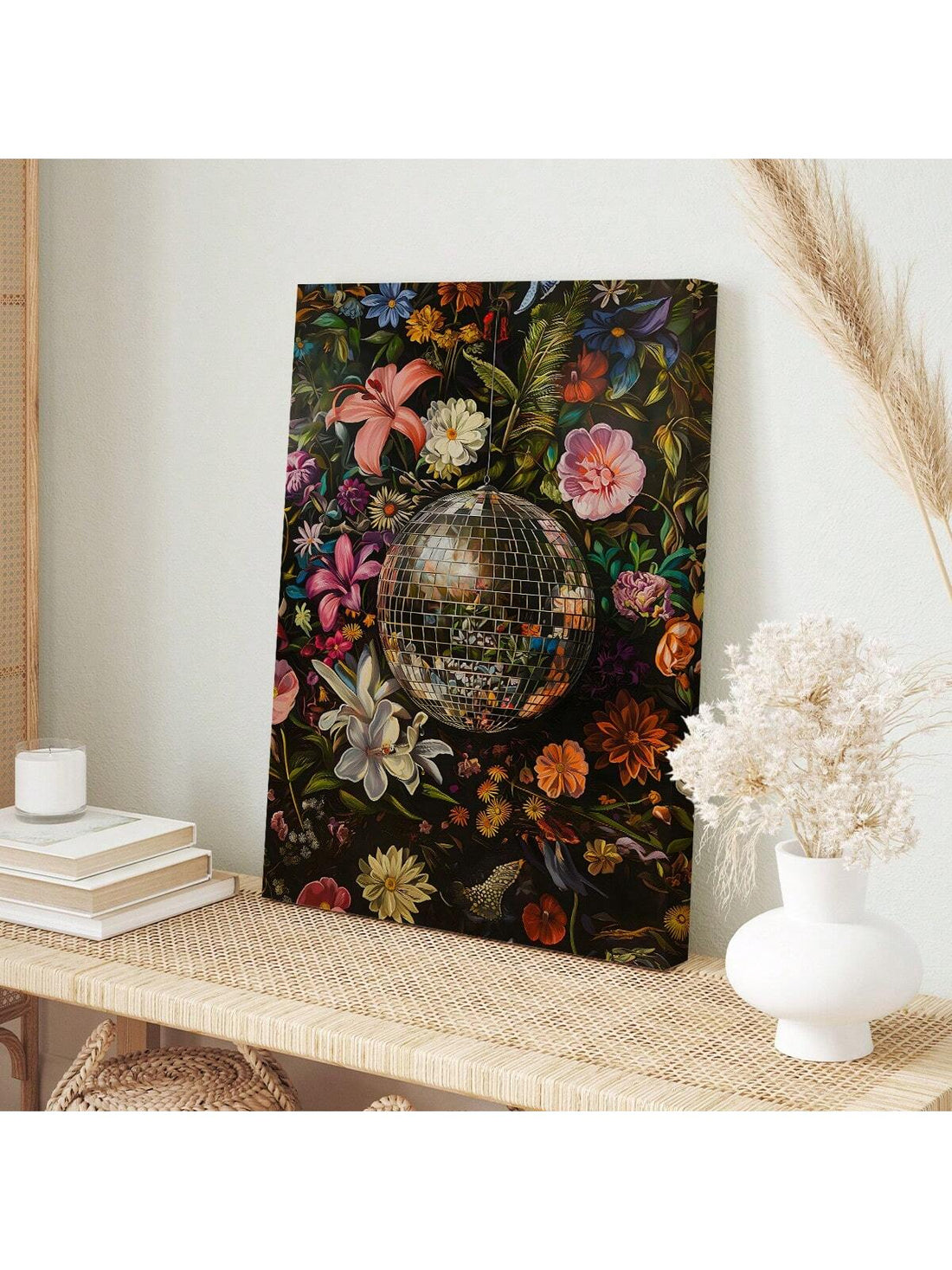 Elevate your decor with our Vivid Eclectic Disco Ball Wall Art. The bold botanical print adds a trendy touch, making any space instantly stylish. The vibrant colors and unique design will transform your walls into a work of art. Elevate your home with this eye-catching piece.