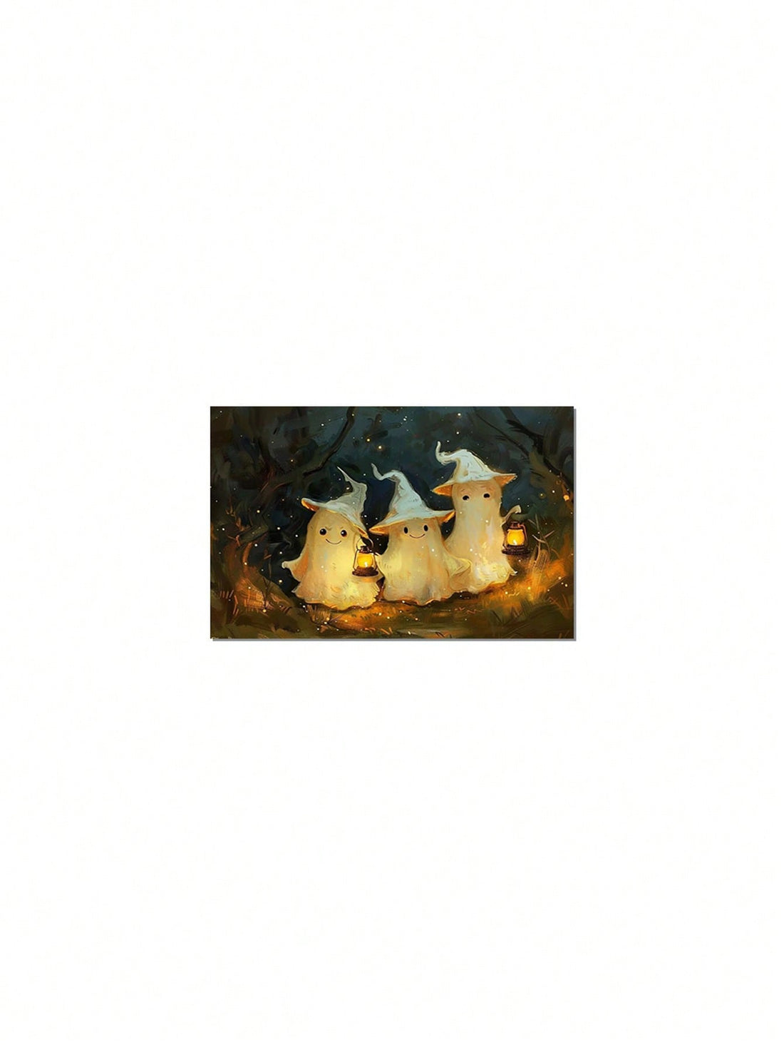 Expertly painted and intricately detailed, the Spooky Forest Trio is a must-have for any Halloween enthusiast. This unframed decorative painting features three adorable ghosts carrying lanterns through a hauntingly beautiful forest. Bring a touch of spooky charm to your home with this unique piece.