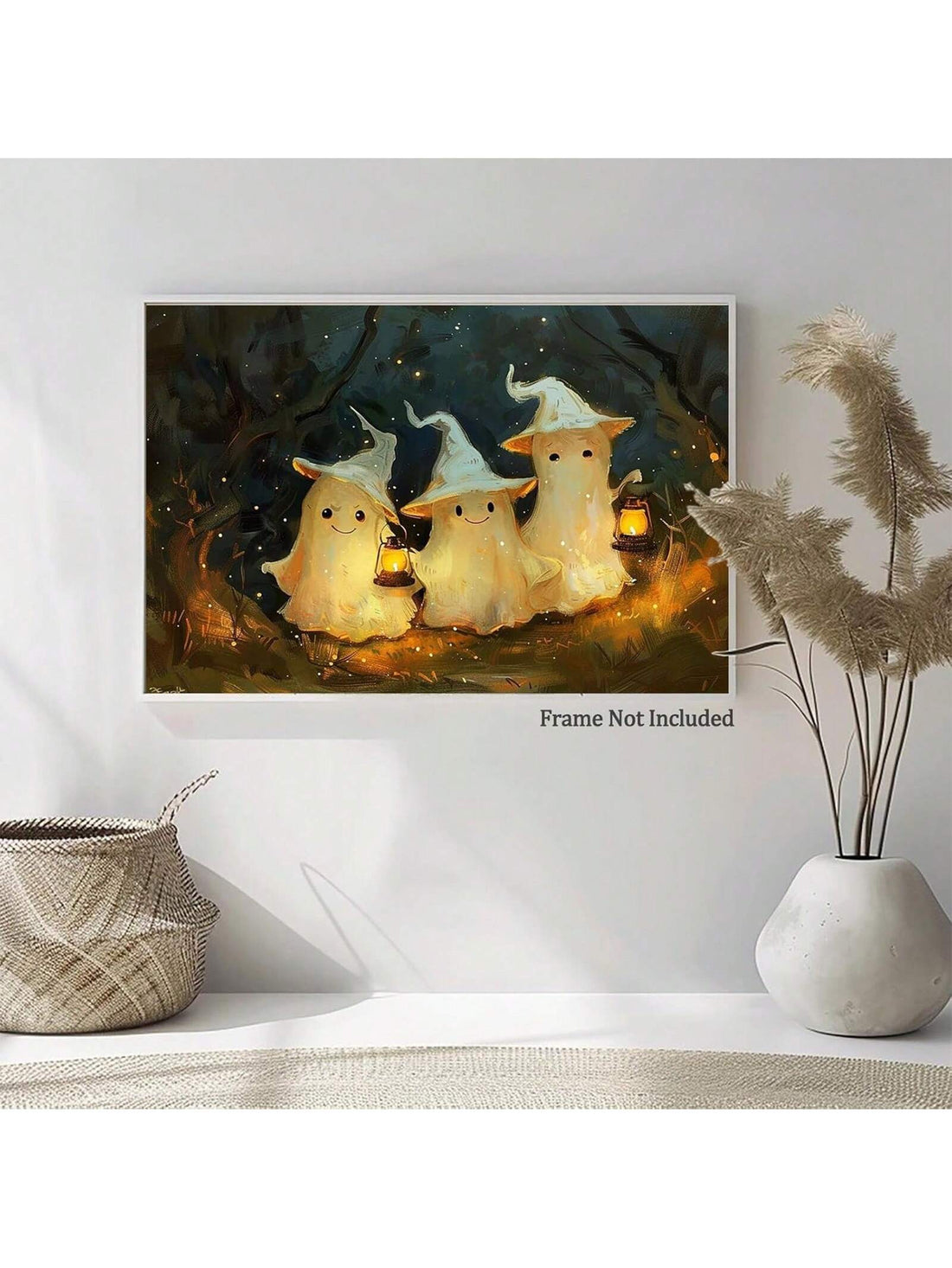 Expertly painted and intricately detailed, the Spooky Forest Trio is a must-have for any Halloween enthusiast. This unframed decorative painting features three adorable ghosts carrying lanterns through a hauntingly beautiful forest. Bring a touch of spooky charm to your home with this unique piece.