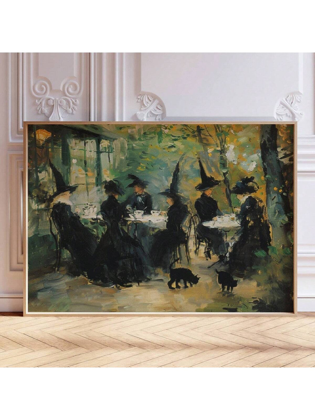 This Witchy Impressionist Café Poster is a perfect addition to your Halloween decor. Featuring a beautiful and haunting portrayal of witches and black cats, this wall art adds an eerie and artistic touch to any room. Made with high-quality materials, this poster is sure to impress.