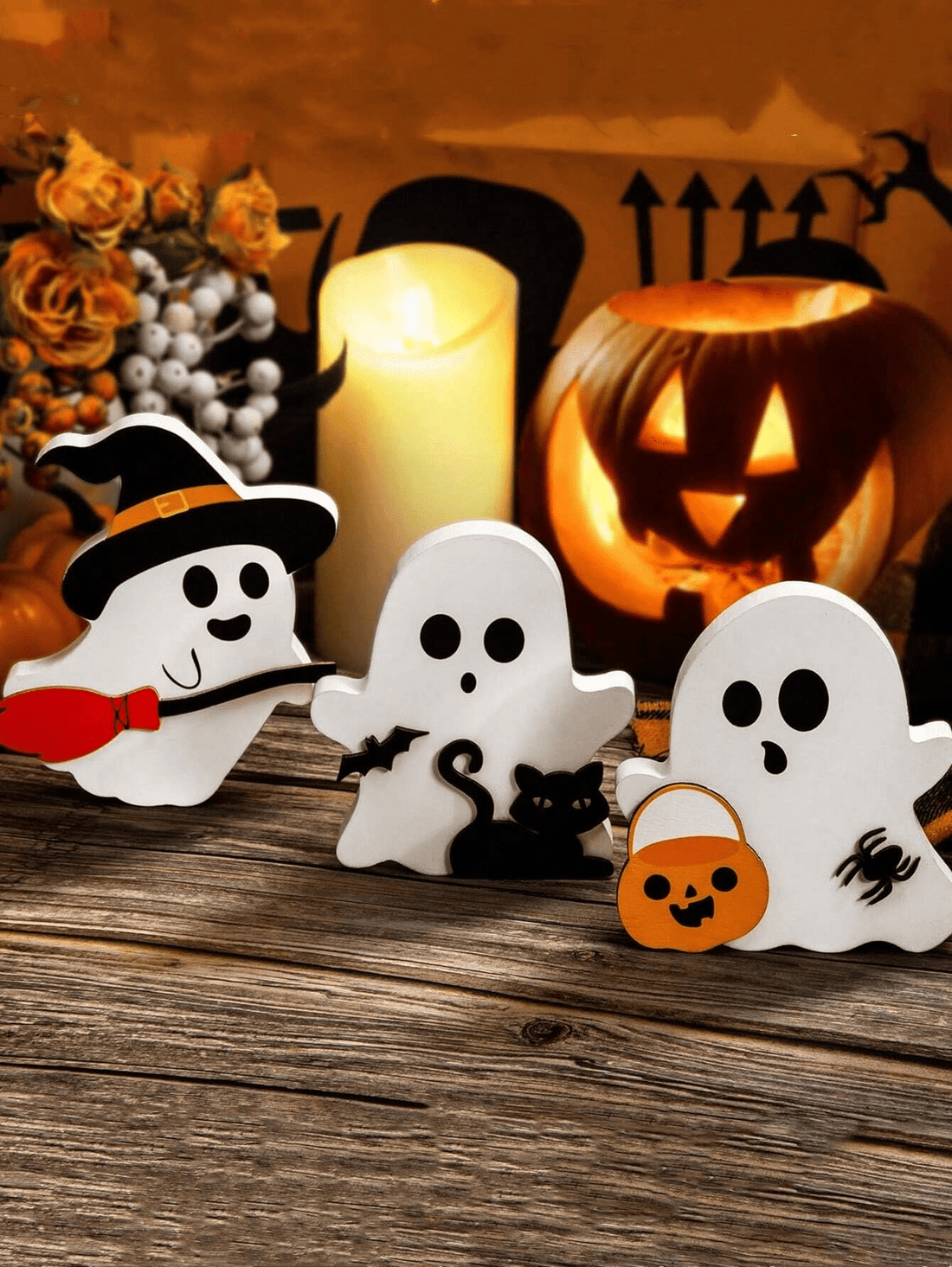 Transform your Halloween decor with this cute ghost decor set! Includes spooky tiered tray and table signs for a personalized touch. Perfect for any party or home display. Make it even more special with customized couples rings featuring double names - a unique and thoughtful gift for your loved ones.