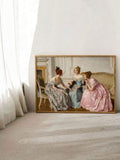 Three women figurative canvas artwork framed in a bright interior