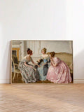Framed three women figurative print leaning on a parquet floor