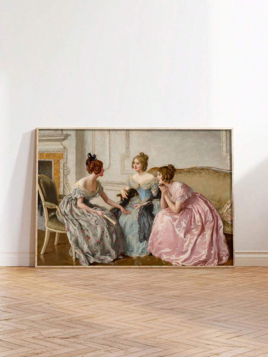 Framed three women figurative print leaning on a parquet floor